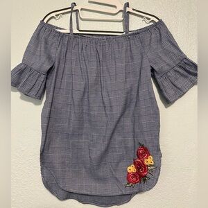 One Step up Blue Plaid Off-Shoulder Top with Embroidered Floral Detail
